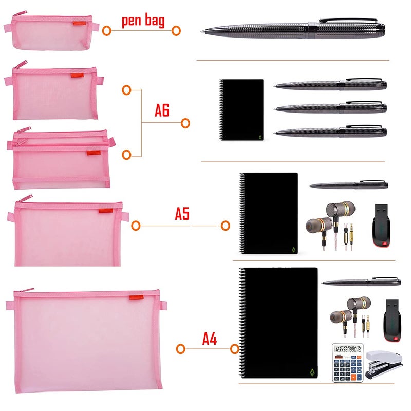 Pendancy Mesh Zipper Pouch 5pcs Lightweight Nylon File Folders Document Organizer Cosmetic Bags Accessories Storage for Travel and Office Supplies(Pink, A4 A5 A6) - Image 4